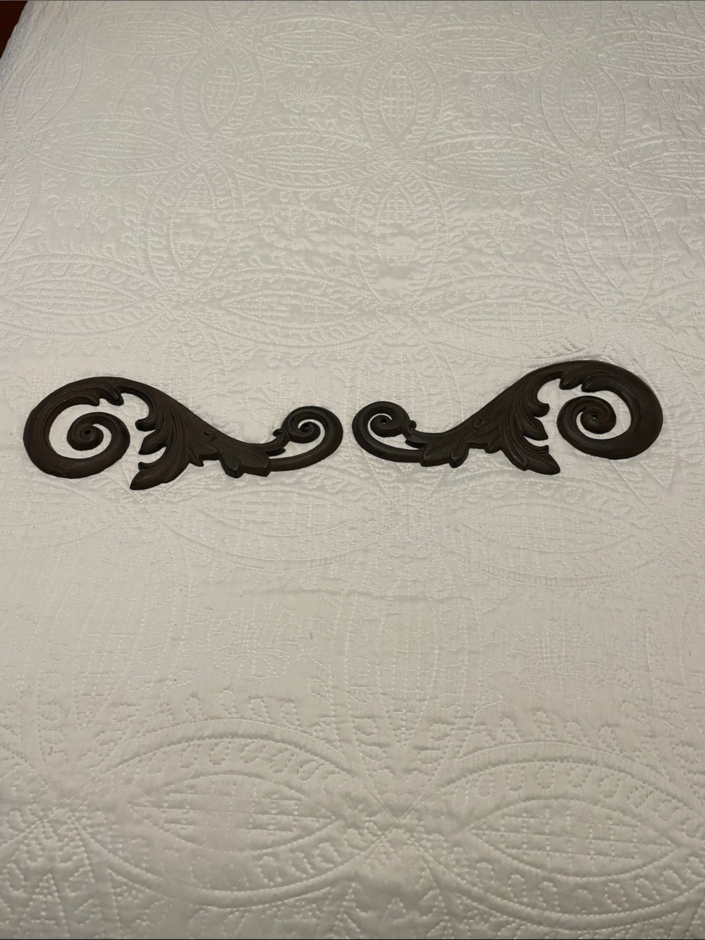 Vintage Set of 2 Brown Cast Iron Scroll Leaf Wall Architectural Metal Accents